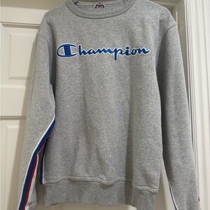 Champion Gray Crewneck with Blue Logo and Red, White and Blue Stripe Detail